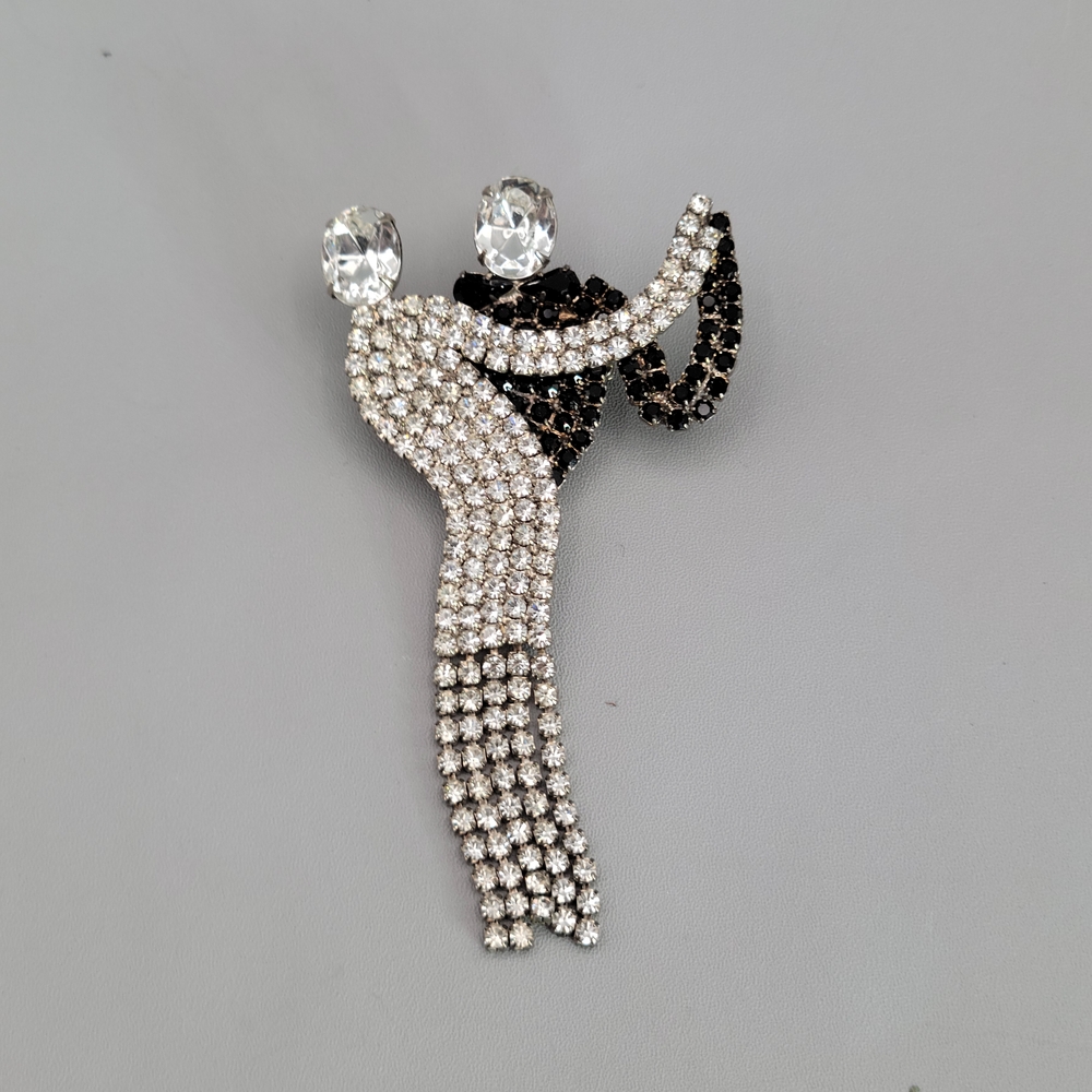 Vintage Dancer Elegant Rhinestone Clear and Black Brooch 3" length